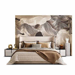 Curved Wood Bed with Abstract Wave Artwork and Luxe Upholstery