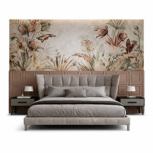 Curved Wood Bed with Floral Artwork Headboard and Modern Design