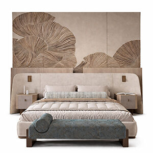 Curved Wood Bed with Ginkgo-Inspired Upholstered Headboard