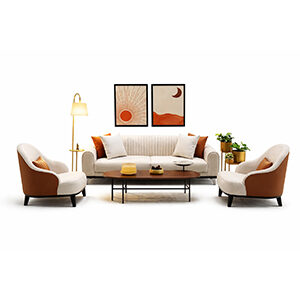 Curved Wood Living Room Set with Chic Sofa and Armchairs