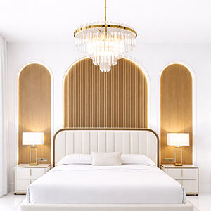 Curved Wood Bed with Artistic Ginkgo Tree Design and LED Lighting