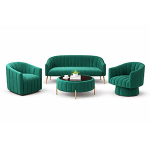 Curved Wood Velvet Sofa Set with Chic Armchairs and Coffee Table