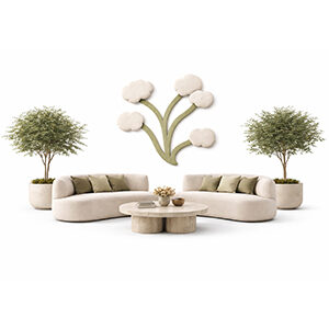 Curved Wood Lounge Set with Cloud-Inspired Art and Contemporary Design