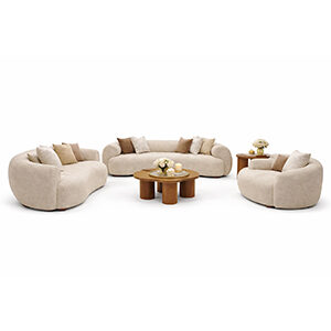 Curved Wood Lounge Set with Plush Upholstered Sofas and Modern Coffee Table