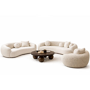 Curved Wood Lounge Set with Plush Upholstery and Sculptural Coffee Table