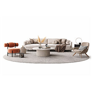 Curved Wood Lounge Set with Modern Sofa, Accent Chairs, and Textured Coffee Table