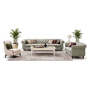 Curved Wood Living Room Set with Elegant Sofa, Armchairs, and Classic Coffee Table