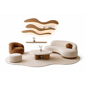 Curved Wood Lounge Set with Sculptural Sofa, Accent Chairs, and Wavy Wall Shelves