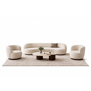 Curved Wood Lounge Set with Sculptural Sofa, Accent Chairs, and Minimalist Coffee Table