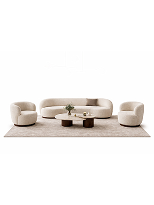 Curved Wood Lounge Set with Sculptural Sofa, Accent Chairs, and Minimalist Coffee Table