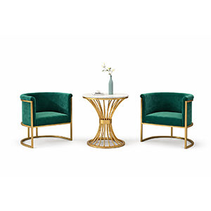 Curved Wood Accent Chairs with Elegant Gold Frame and Marble Top Table
