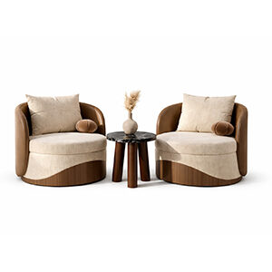 Curved Wood Accent Chairs with Plush Upholstery and Contemporary Table