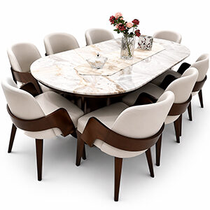 Curved Wood Dining Set with Marble Table and Plush Upholstered Chairs