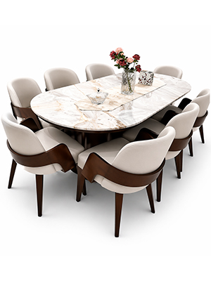 Curved Wood Dining Set with Marble Table and Plush Upholstered Chairs