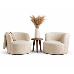 Curved Wood Accent Chairs with Soft Upholstery and Minimalist Coffee Table