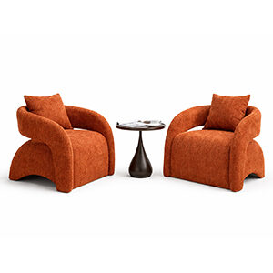 Curved Wood Accent Chairs with Plush Upholstery and Sculptural Coffee Table