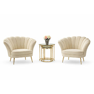 Curved Wood Accent Chairs with Elegant Gold Legs and Round Coffee Table