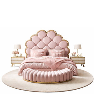 Curved Wood Bed with Elegant Pink Upholstery and Scalloped Headboard