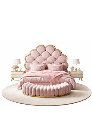 Curved Wood Bed with Elegant Pink Upholstery and Scalloped Headboard