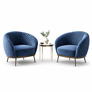 Curved Wood Accent Chairs with Blue Upholstery and Gold Accents