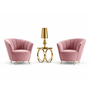 Curved Wood Accent Chairs with Pink Velvet Upholstery and Gold Accents