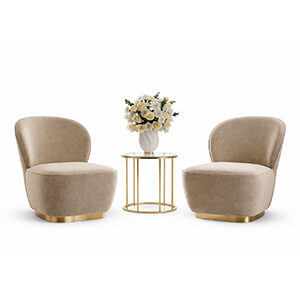 Curved Wood Accent Chairs with Soft Upholstery and Gold-Trimmed Coffee Table