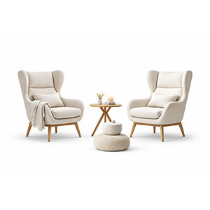 Curved Wood Accent Chairs with Soft Upholstery and Cozy Ottoman