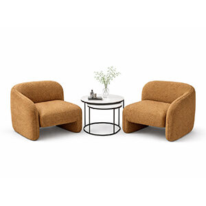 Curved Wood Accent Chairs with Plush Upholstery and Minimalist Coffee Table