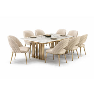 Curved Wood Dining Set with Marble Table and Plush Upholstered Chairs