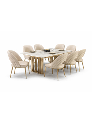 Curved Wood Dining Set with Marble Table and Plush Upholstered Chairs