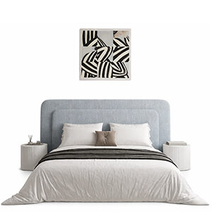 Curved Wood Bed with Soft Upholstered Frame and Abstract Art Accent