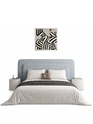 Curved Wood Bed with Soft Upholstered Frame and Abstract Art Accent