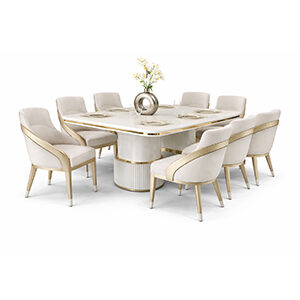Curved Wood Dining Set with Luxurious Marble Table and Upholstered Chairs