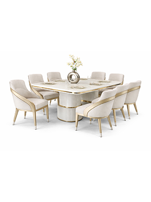 Curved Wood Dining Set with Luxurious Marble Table and Upholstered Chairs