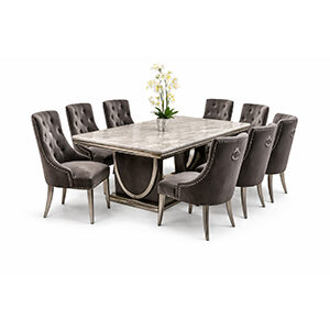 Curved Wood Dining Set with Marble Table and Upholstered Tufted Chairs