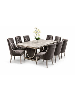 Curved Wood Dining Set with Marble Table and Upholstered Tufted Chairs