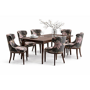 Curved Wood Dining Set with Floral Upholstered Chairs and Wooden Table