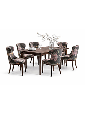 Curved Wood Dining Set with Floral Upholstered Chairs and Wooden Table