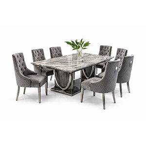 Curved Wood Dining Set with Marble Table and Upholstered Tufted Chairs