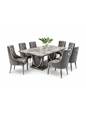Curved Wood Dining Set with Marble Table and Upholstered Tufted Chairs