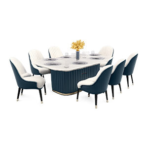 Curved Wood Dining Set with Marble Table and Upholstered Chairs