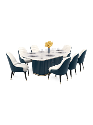 Curved Wood Dining Set with Marble Table and Upholstered Chairs