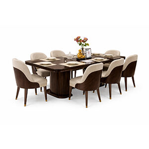 Curved Wood Dining Set with Elegant Upholstered Chairs and Modern Table