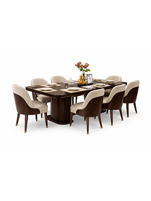 Curved Wood Dining Set with Elegant Upholstered Chairs and Modern Table